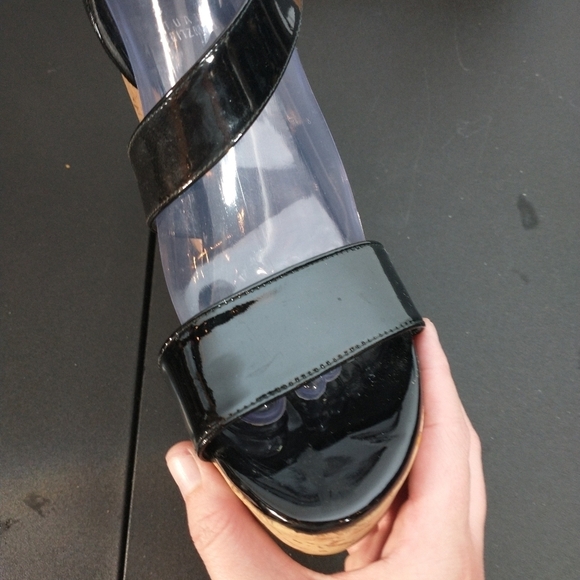 ☀️Stuart Weitzman Oneliner Women's Patent Black Cork Wedge, size 9.5M - Picture 13 of 14